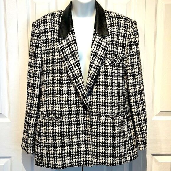Sterling Stall Sport‎ Wool Blend Leather Collar Black/White Blazer Size 14P - Picture 1 of 16